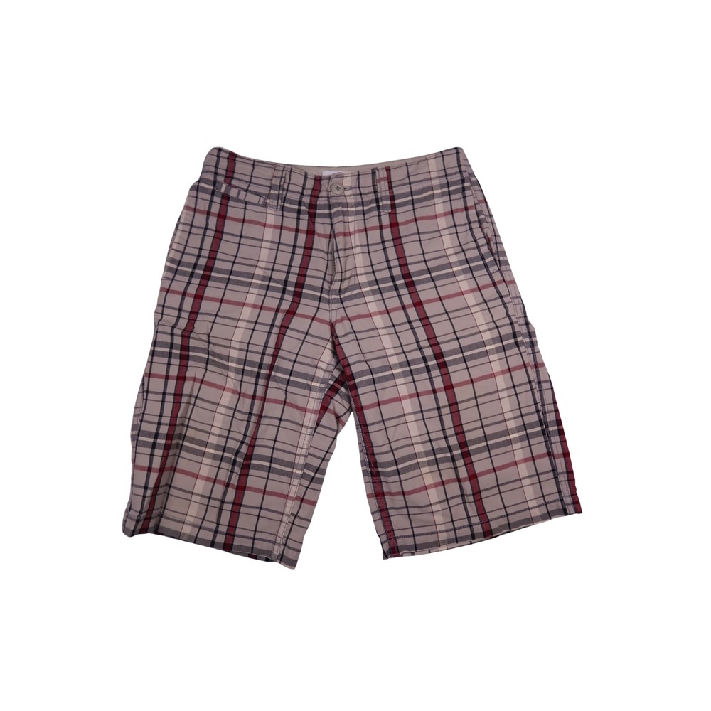 GAP Mens Plaid Casual Shorts Red Navy Tan Checkered Flat Front Size 32 Excellent